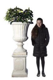Pair Of Giant Flute White Stone Garden Vases On Plinths - thumbnail 7