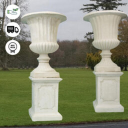 Pair Of Giant Flute White Stone Garden Vases On Plinths - thumbnail 3