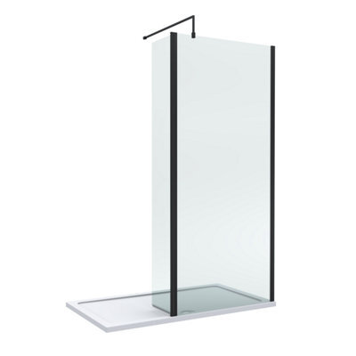 Balterley 8mm Glass Walk In Wetroom Screen And Hinged Return Screen With Matt Black Profile And Shower Tray - 1400 X 800mm - image 1