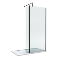 Balterley 8mm Glass Walk In Wetroom Screen And Hinged Return Screen With Matt Black Profile And Shower Tray - 1400 X 800mm - thumbnail 1
