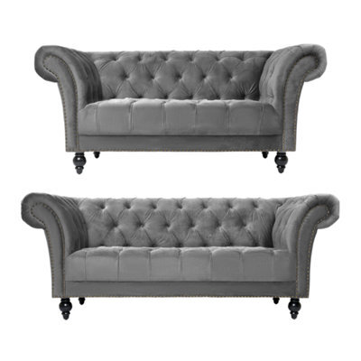 Bravich Cambridge Chesterfield 2 & 3 Seater Sofa Set - Velvet Grey - image 1