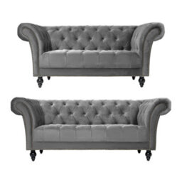 Bravich Cambridge Chesterfield 2 & 3 Seater Sofa Set - Velvet Grey - thumbnail 1