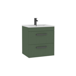 Royal Bathrooms Turin 500mm Wall Hung Vanity Unit Matt Green 2 Drawer Minimalist Basin With Matt Black Handles - thumbnail 6