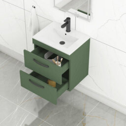 Royal Bathrooms Turin 500mm Wall Hung Vanity Unit Matt Green 2 Drawer Minimalist Basin With Matt Black Handles - thumbnail 5