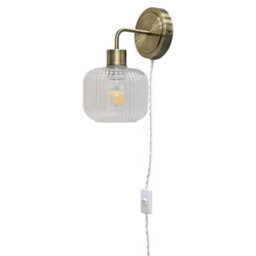 First Choice Lighting Toby - Antique Brass Plug In Wall Light With Batley Ribbed Glass Shade - thumbnail 1