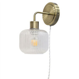 First Choice Lighting Toby - Antique Brass Plug In Wall Light With Batley Ribbed Glass Shade - thumbnail 2