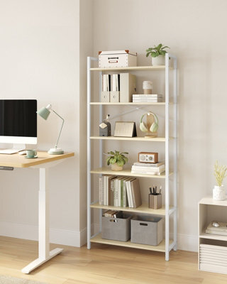 LEDREM 6-Tier Bookshelf, Bookcase, Shelving Unit, For Office, Study, 30 X 64 X 185.5 Cm, Industrial, Natural Beige And Matte White - image 1
