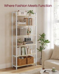 LEDREM 6-Tier Bookshelf, Bookcase, Shelving Unit, For Office, Study, 30 X 64 X 185.5 Cm, Industrial, Natural Beige And Matte White - thumbnail 4
