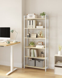 LEDREM 6-Tier Bookshelf, Bookcase, Shelving Unit, For Office, Study, 30 X 64 X 185.5 Cm, Industrial, Natural Beige And Matte White - thumbnail 3