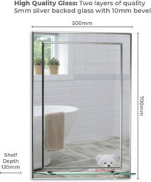 Mood Premium Rectangular Bathroom Mirror With Shelf, Wall Mounted & Double Layer Of Glass, Bevelled Edges (70Cm X 50Cm) - thumbnail 3