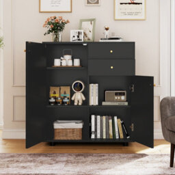 Gainoom Kitchen Black Sideboard Buffet Cabinet Coffee Bar Cabinet W/ 2 Drawers - thumbnail 4