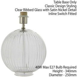 Round Textured Table Lamp Base Clear Ribbed Glass & Nickel Classic Globe Bulb - thumbnail 2