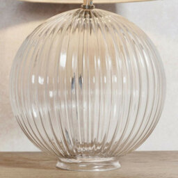 Round Textured Table Lamp Base Clear Ribbed Glass & Nickel Classic Globe Bulb - thumbnail 5