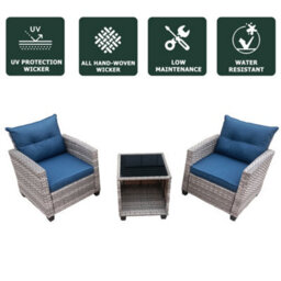 3 Pieces Outdoor Pe Rattan Bistro Set, With Tempered Glass Top Coffee Table, Thick Padded Armchair - Gray - thumbnail 2