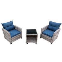 3 Pieces Outdoor Pe Rattan Bistro Set, With Tempered Glass Top Coffee Table, Thick Padded Armchair - Gray - thumbnail 1