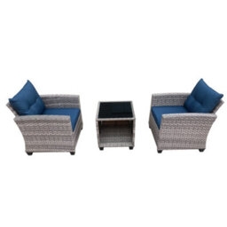 3 Pieces Outdoor Pe Rattan Bistro Set, With Tempered Glass Top Coffee Table, Thick Padded Armchair - Gray - thumbnail 7