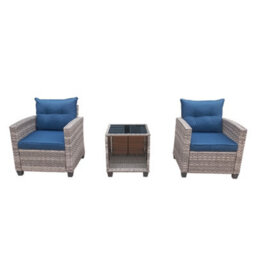 3 Pieces Outdoor Pe Rattan Bistro Set, With Tempered Glass Top Coffee Table, Thick Padded Armchair - Gray - thumbnail 5