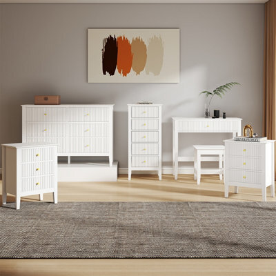 Melody Maison Chest Of Drawers, Tall Bedside Table, Pair Of Bedside Tables & Dressing Table Set - Hales White Range - image 1