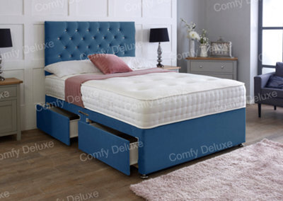 Comfy Deluxe 5Ft King Blue Plush Velvet Pocket Divan Bed & Chesterfield Headboard 2 Drawers One Each Side