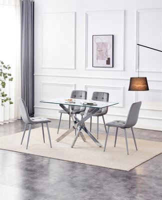 Kosy Koala Modern Rectangle Glass Dining Table Set With 4 Grey Velvet Chairs Dining Room Furniture - image 1