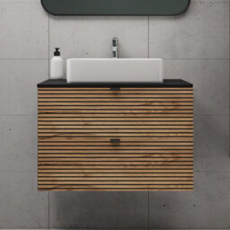Heze Furniture Loft Modern Style Ribbed Door 80Cm Bathroom Cabinet Vanity Unit With Worktop - Gold Craft Oak