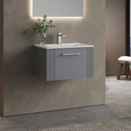 Balterley Belvide Partial Fluted 1 Drawer Wall Hung Vanity Unit With 1 Tap Hole Minimalist Basin - 600mm - Satin Grey - thumbnail 4