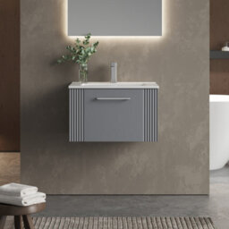 Balterley Belvide Partial Fluted 1 Drawer Wall Hung Vanity Unit With 1 Tap Hole Minimalist Basin - 600mm - Satin Grey - thumbnail 2