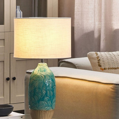Beliani Turquoise Ceramic Table Lamp With Floral-Carved Base And White Cotton Shade, 58Cm - image 1