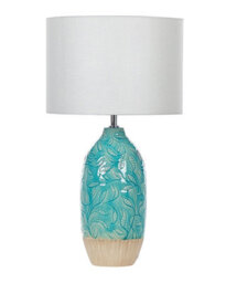 Beliani Turquoise Ceramic Table Lamp With Floral-Carved Base And White Cotton Shade, 58Cm - thumbnail 2