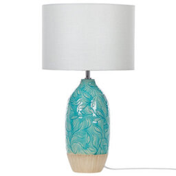Beliani Turquoise Ceramic Table Lamp With Floral-Carved Base And White Cotton Shade, 58Cm - thumbnail 3