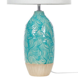 Beliani Turquoise Ceramic Table Lamp With Floral-Carved Base And White Cotton Shade, 58Cm - thumbnail 6
