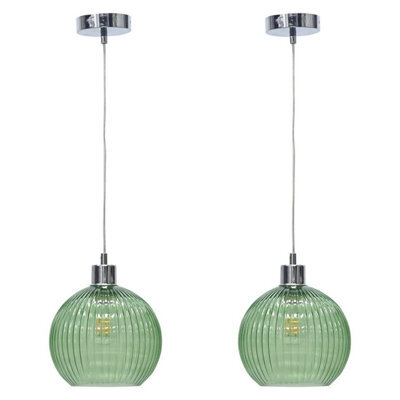 First Choice Lighting Set Of 2 Betchley - Green Ribbed Glass Globe With Chrome Pendants - image 1