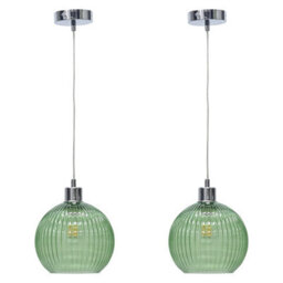 First Choice Lighting Set Of 2 Betchley - Green Ribbed Glass Globe With Chrome Pendants