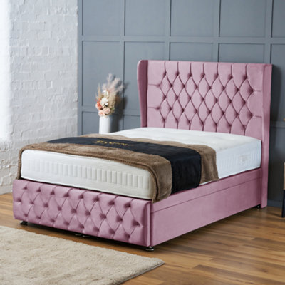 Bsspoke Ottoman Divan Bed In Pink Velvet With 54Inch Headboard & Footboard Orthopaedic Mattress End Lift Up Storage In All Sizes - image 1