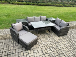 Fimous 7 Piece Rattan Garden Furniture Set With Patio Sofa Rectangular Dining Table 2 Side Table Big Footstool Indoor Patio Set - thumbnail 2