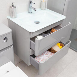 Plum&clay Marvel Gloss Light Grey Wall Hung Bathroom Vanity Unit With White Glass Basin (W)600mm - thumbnail 5
