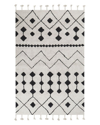Beliani Runes Rug - Hand-Tufted Cotton Geometric Tassels - Off-White And Charcoal - 140 X 200 Cm - image 1