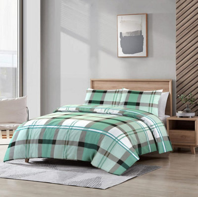 Homes & Linen Remi Check Green Duvet Cover Set Polycotton With Pillowcases Soft Breathable Reversible - image 1