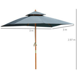 Outsunny 3M Wood Square Patio Umbrella Garden Market Parasol Sunshade Grey - thumbnail 3
