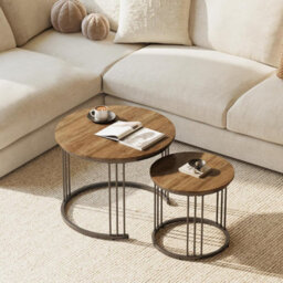 Huhote 2 Set Nesting Round Side Tables With Metal Frame Brown Finish Diameter 23.6/15.7 In Coffee Table End Table For Home Office