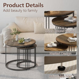 Huhote 2 Set Nesting Round Side Tables With Metal Frame Brown Finish Diameter 23.6/15.7 In Coffee Table End Table For Home Office - thumbnail 5
