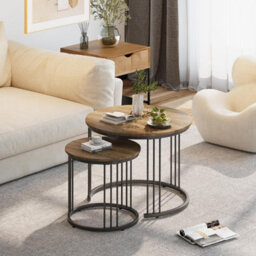 Huhote 2 Set Nesting Round Side Tables With Metal Frame Brown Finish Diameter 23.6/15.7 In Coffee Table End Table For Home Office - thumbnail 4