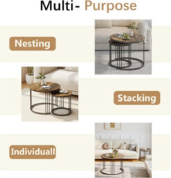 Huhote 2 Set Nesting Round Side Tables With Metal Frame Brown Finish Diameter 23.6/15.7 In Coffee Table End Table For Home Office - thumbnail 6