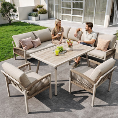Btm 8Toseater Garden Lounge Set, Rope Design, Woodtolook Table, Iron Frame, Beige Cushions - image 1