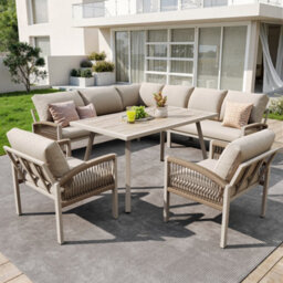 Btm 8Toseater Garden Lounge Set, Rope Design, Woodtolook Table, Iron Frame, Beige Cushions - thumbnail 3