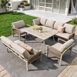 Btm 8Toseater Garden Lounge Set, Rope Design, Woodtolook Table, Iron Frame, Beige Cushions - thumbnail 2