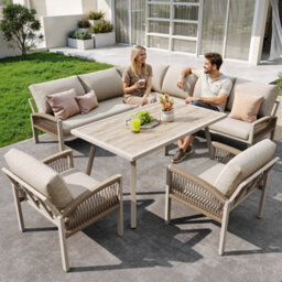 Btm 8Toseater Garden Lounge Set, Rope Design, Woodtolook Table, Iron Frame, Beige Cushions - thumbnail 1