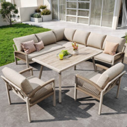Btm 8Toseater Garden Lounge Set, Rope Design, Woodtolook Table, Iron Frame, Beige Cushions - thumbnail 4