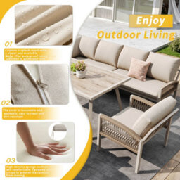 Btm 8Toseater Garden Lounge Set, Rope Design, Woodtolook Table, Iron Frame, Beige Cushions - thumbnail 8