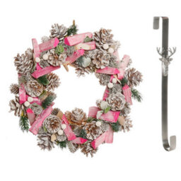 Dibor 33Cm Pastel Pink Driftwood Front Door Christmas Wreath With Stag Wreath Hanger